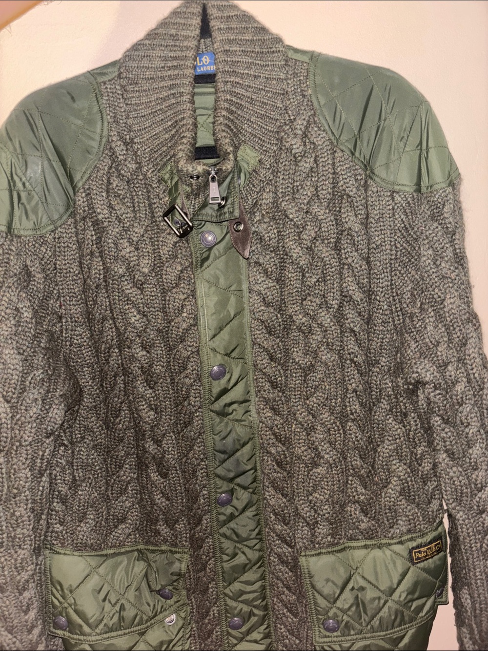 Polo by Ralph Lauren Olive Green Cable Knit Quilted-Trim Field Jacket